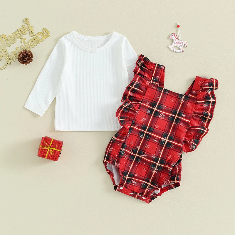 

0-24M Baby Girl 2 Pieces Christmas Clothing Sleeveless Ruffled Plaid Romper Red Jumpsuit + Long-Sleeved Top Set Newborn Clothes