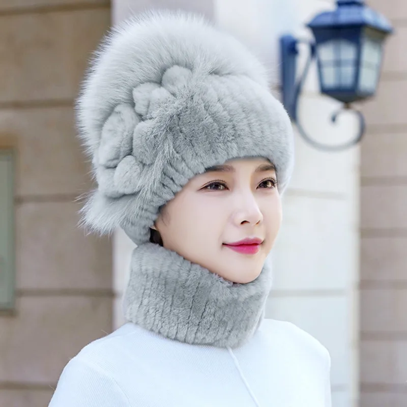 Real Rex Rabbit Fur Hat Women Winter Thickened Ear Protection Caps Knitted Scarf Hat Set Natural Fur Hat With Fox Fur Balls