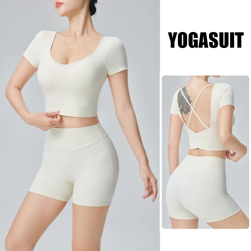 Women's Yogasuit Short Sleeve Running Sportswear High-Stretch Butt-Lifting Shorts Cross Back Fixed Chest Pad Quick Dry Set
