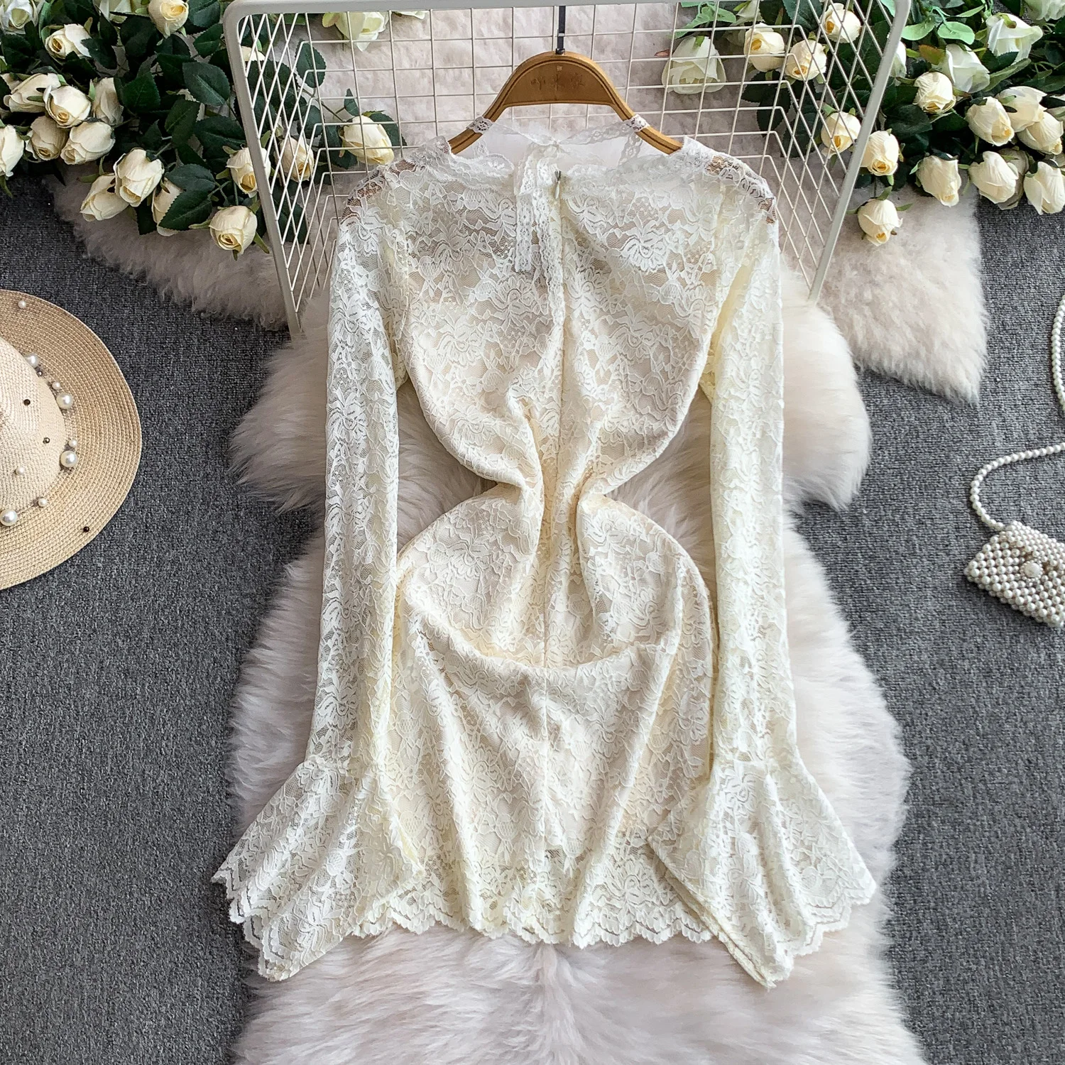 فستان أنيق عتيق بأكمام طويلة ورقبة على شكل حرف v من الدانتيل فستان صيفي بوهو على الموضة الكورية الجنية ملابس نسائية