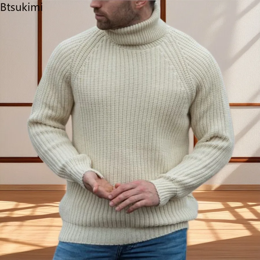 Autumn Winter Basic Warm Sweaters for Men Solid Turtleneck Long Sleeve Knitted Sweaters Men's Fashion Simple All-match Pullovers