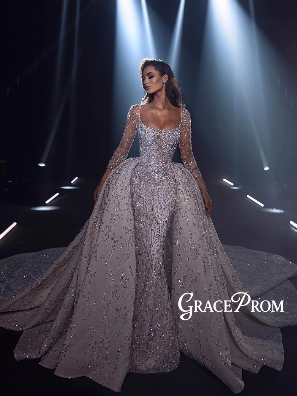 

Luxe 2 in 1 Stunning Sparkly Wedding Dress Beaded Scoop Neckline Illusion Sleeves Customized Regal Ball Gown For Women No Veil