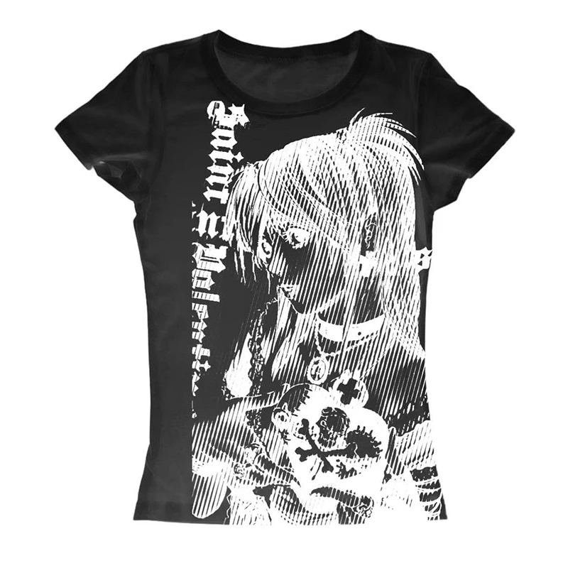 Y2k anime Streetwear O-neck 90s atasan cetak teks wanita pakaian Harajuku sederhana Vintage Crop Tee estetika emo kasual T-shirt