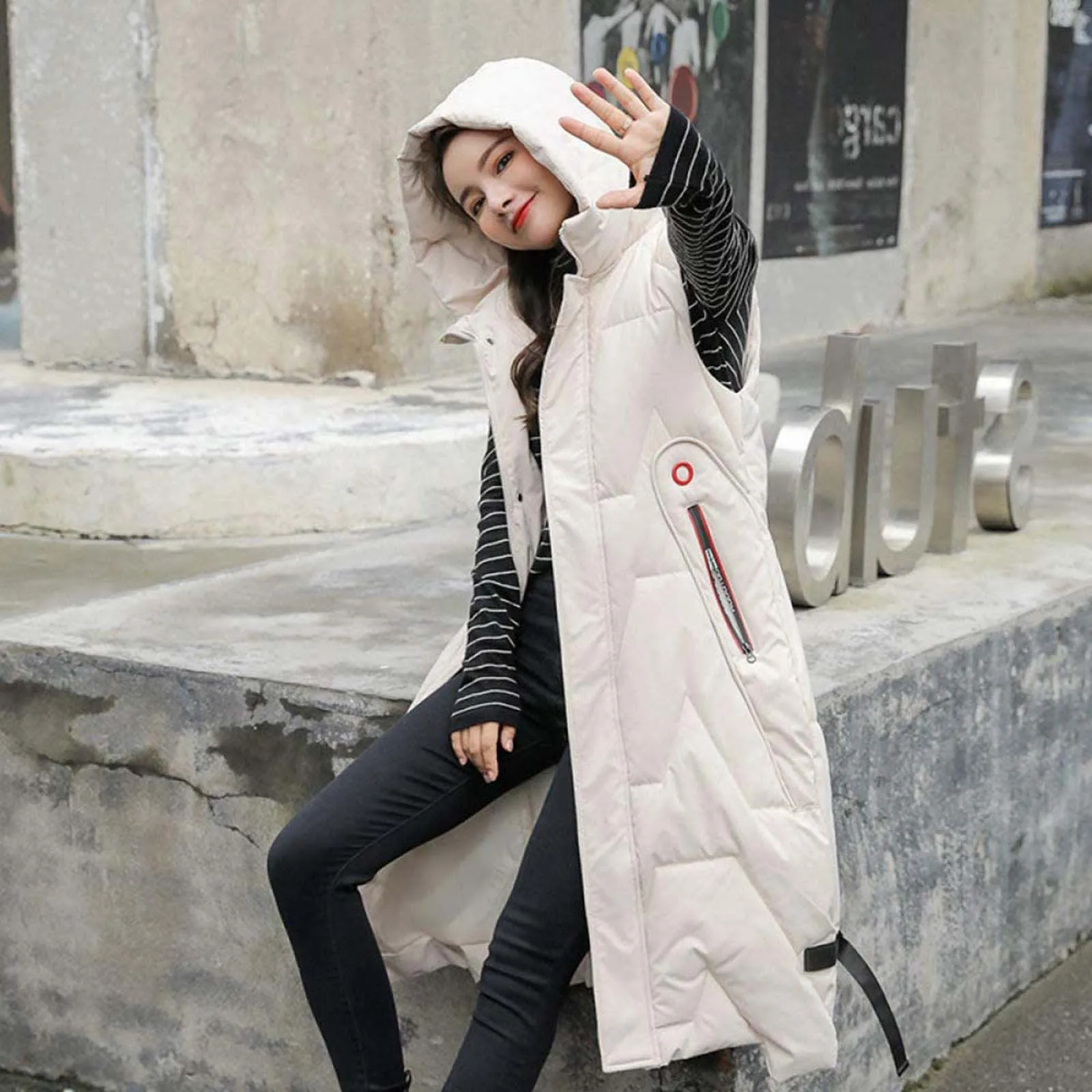 Casual Warm Sleeveless Vest Coat Long Down Cotton Jacket Solid Hooded Padded Vests Loose Females Korea Style Winter Clothes