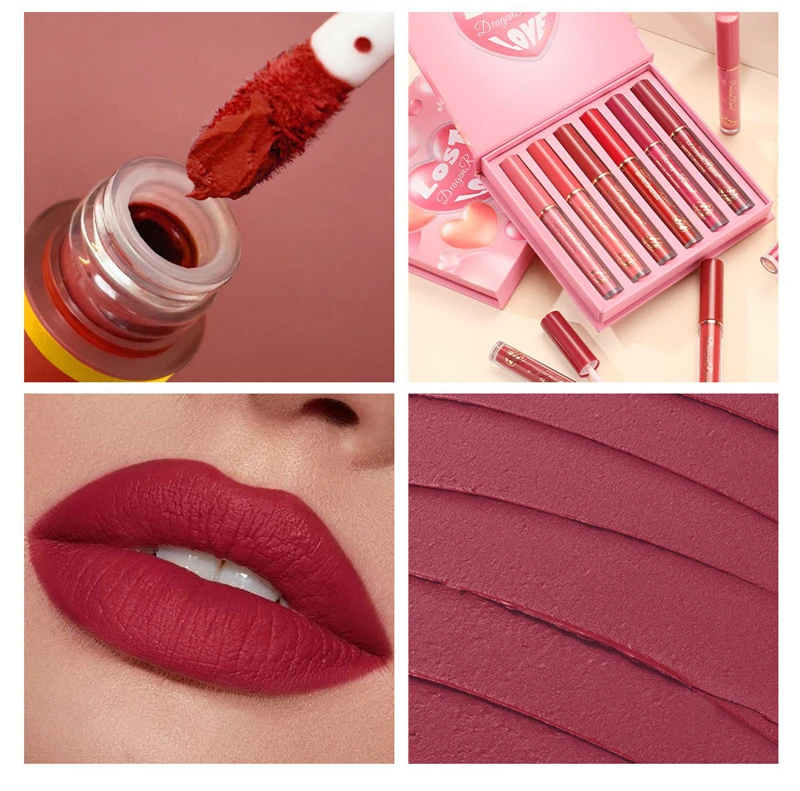 Juego de brillo de labios de 6 uds, esmalte de labios mate de terciopelo, lápiz labial resistente al agua y al sudor, lápiz labial mate antiadherente, juego de regalo navideño