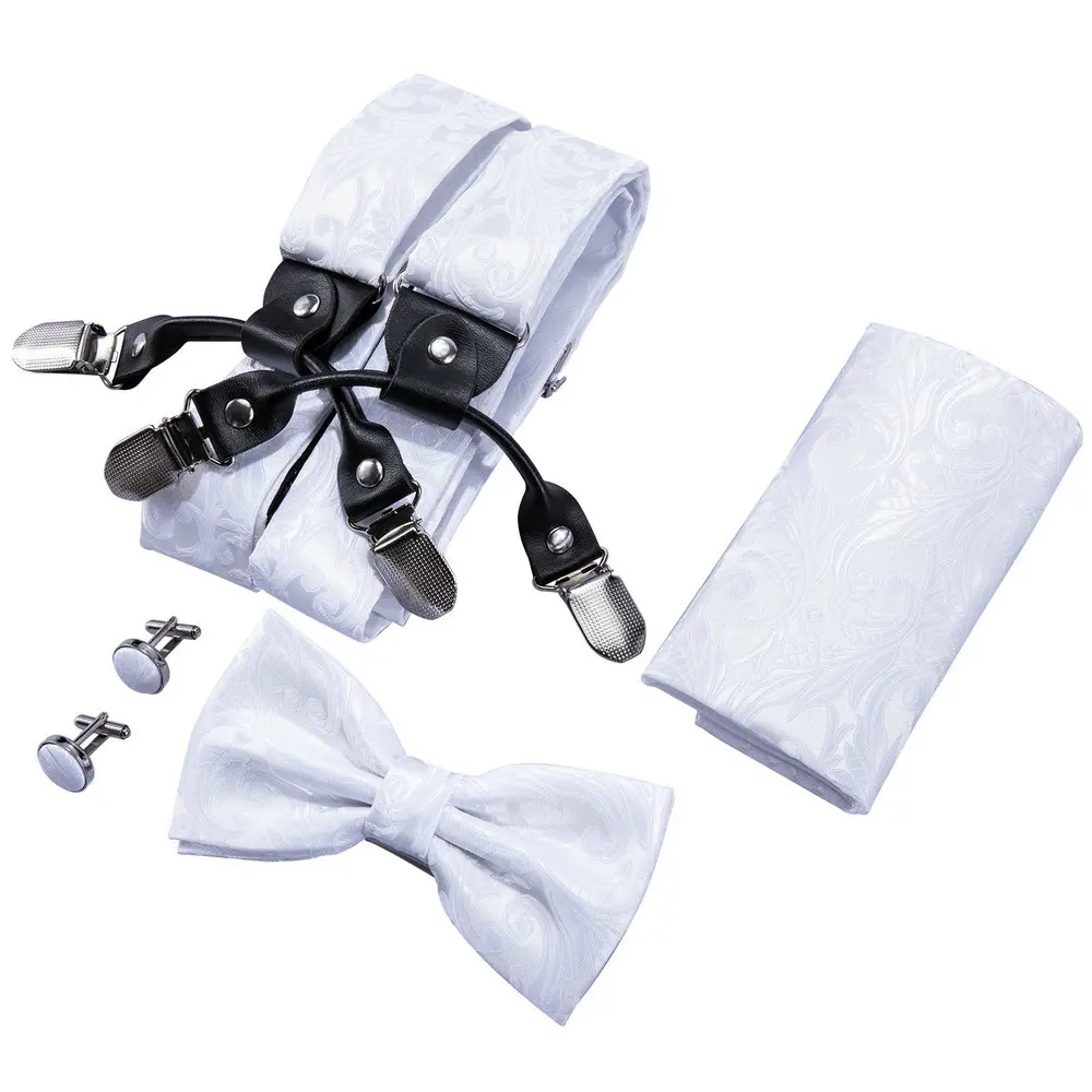 Barry.Wang-Suspender De Seda Jacquard Masculino, Aparelho Traseiro, Laço, Bolso, Conjunto De Abotoaduras Quadradas, 6 Clips, Casamento, Presente Empresarial, Masculino