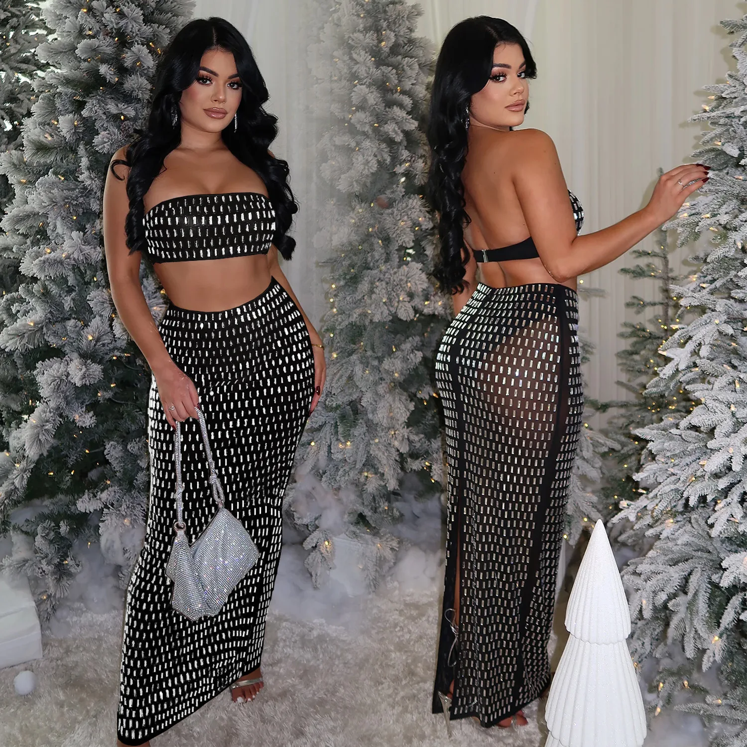 

C7222 Fashion Women's Sexy Strapless, Hot Stamping, Diamond Wrapped Long Skirt Two-Piece Set