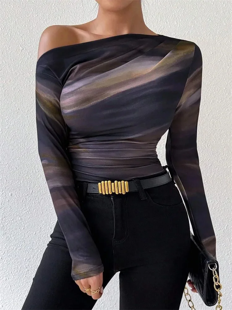 Tie-dye One Shoulder Long Sleeve T-shirt Spring Autumn Slim Fit Elegant Sexy Tshirt Streetwear Y2K