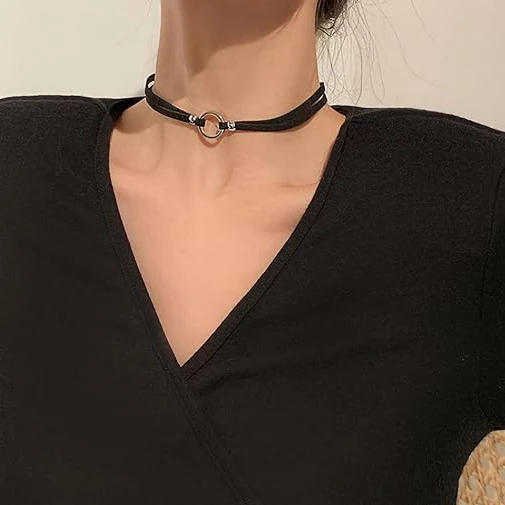 Boho Black Leather Choker Necklaces Adjustable Layered Velvet Leather O-ring Collar Necklace Goth Jewelry Gifts for Women Girls