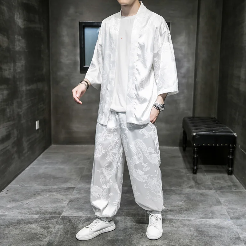 

Men Dragon Robe Summer Ice Silk Lightweight Casual Short Sleeve Cardigan Chinese Kung Fu Taoist Robe Loose Tang Suit Hanfu Top