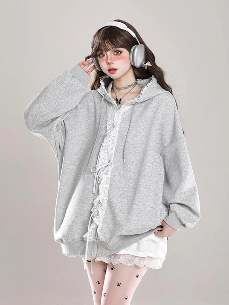 QWEEK Y2k Coquette Lace Zip Up Hoodie Japanese Harajuku Kawaii Cute Loose Oversize Zipper Sweatshirt 2024 Autumn Fashion