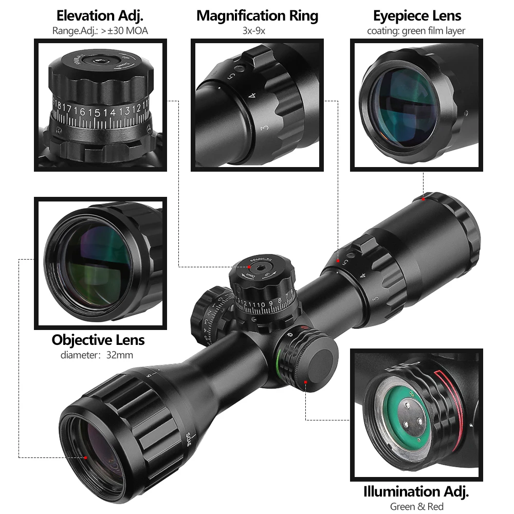 SPINA OPTICS 3-9x32 AOIR Tacticle Riflescope Red/Green Dot Illuminated Mil-dot Optic Sight Rifle Scope For BB Gun Pistol Rifle view 5