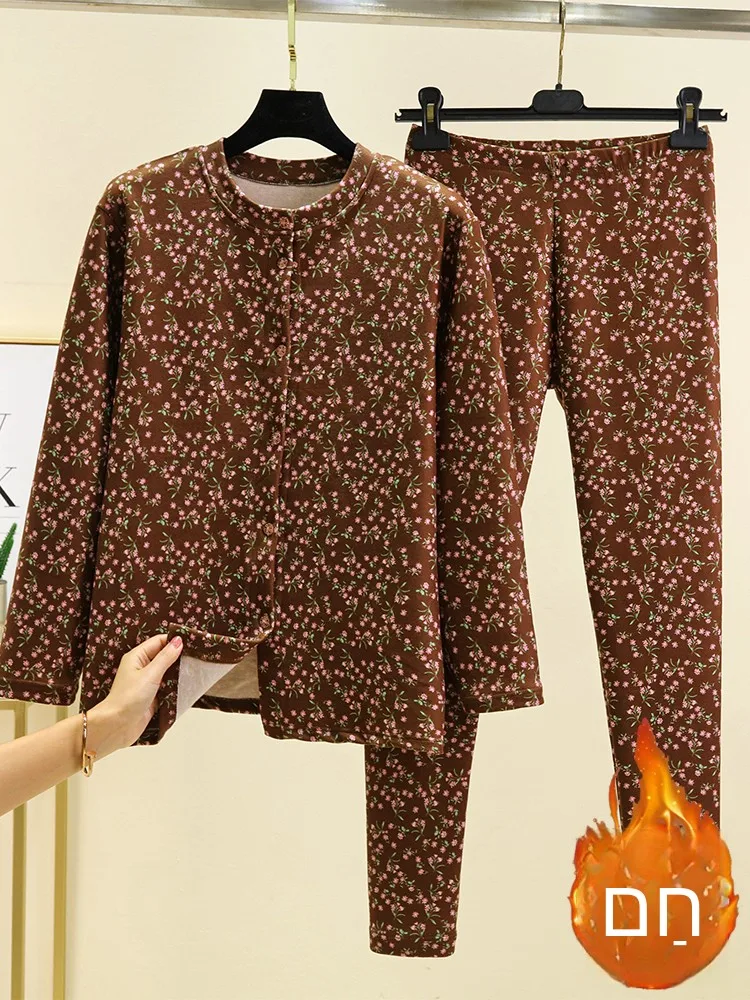 

Thickened German Velvet Home Clothes Set for Middle-Aged And Elderly Winter Warm Home Clothes Long Pants Floral Open Cardigan