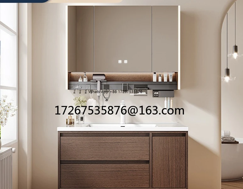 

Solid wood bathroom cabinet ceramic integrated basin sink integrated basin walnut double pumping storage bathroom cabinet