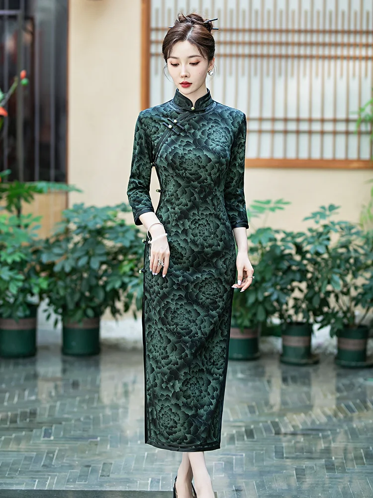 

Элегантное длинное платье-ципао для женщин среднего и пышного возраста, повседневное, премиум-класса, с эффектом похудения, новинка 2025 года