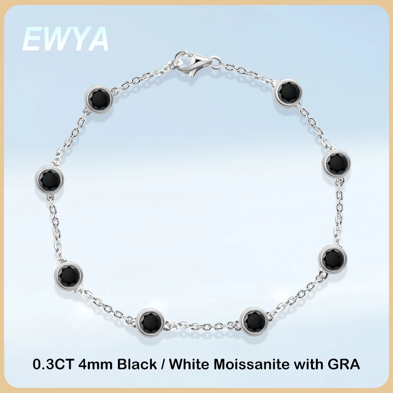 

EWYA Full 4mm 0.3CT D Color Black Moissanite Tennis Bracelet For Women S925 Silver Plated 18K All Diamond Hand Link Bracelets