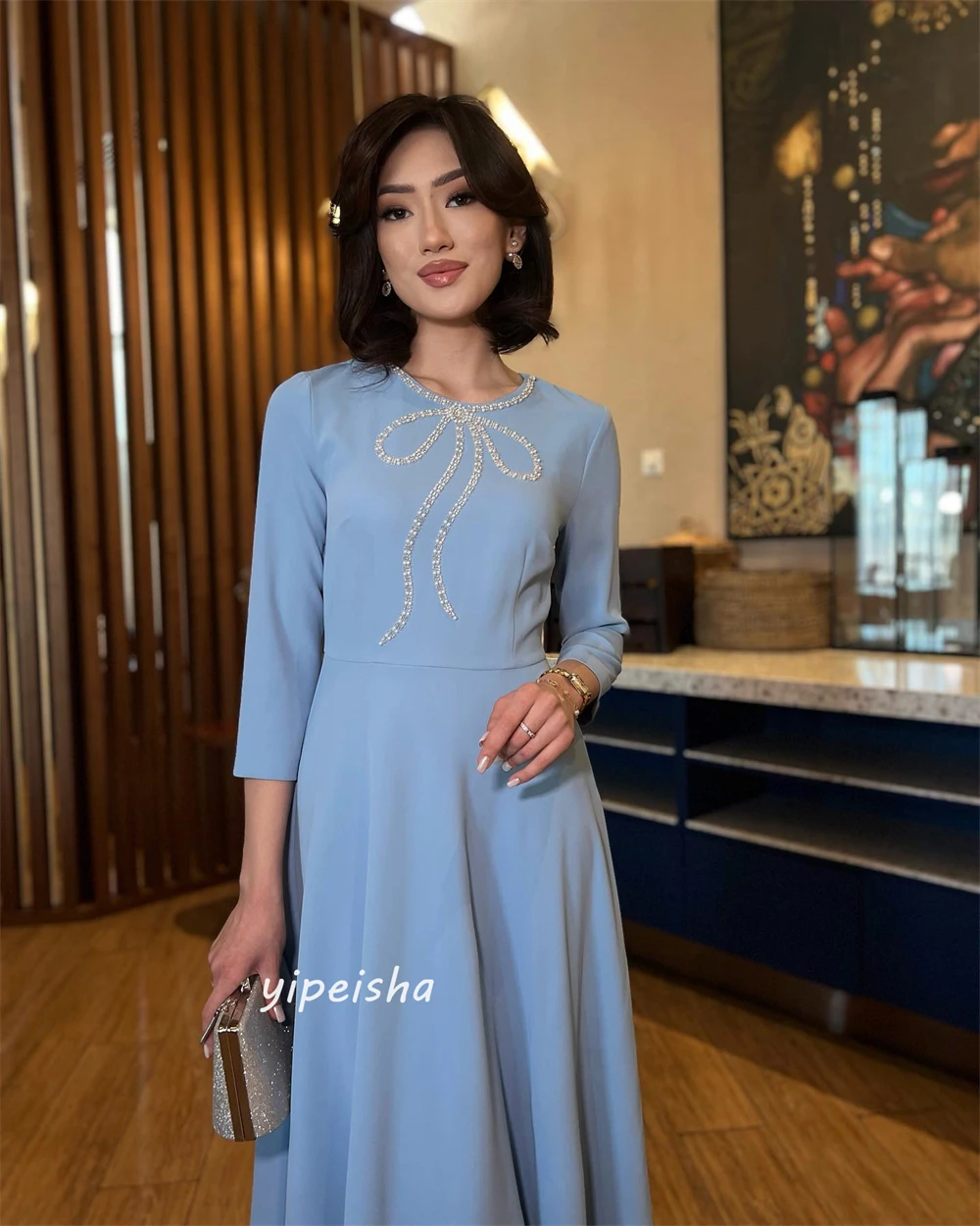 Customized Jiayigong     s Beading Engagement A-line O-Neck Bespoke Occasion  Ankle Length