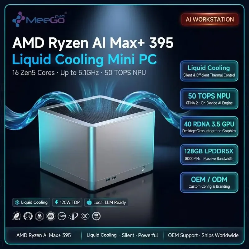 Hot Sale Liquid Cooling Mini PC Ryzen AI Max+ 395 128GB LPDDR5X 2TB SSD WiFi7 2.5G LAN Desktop Workstation Supports Local