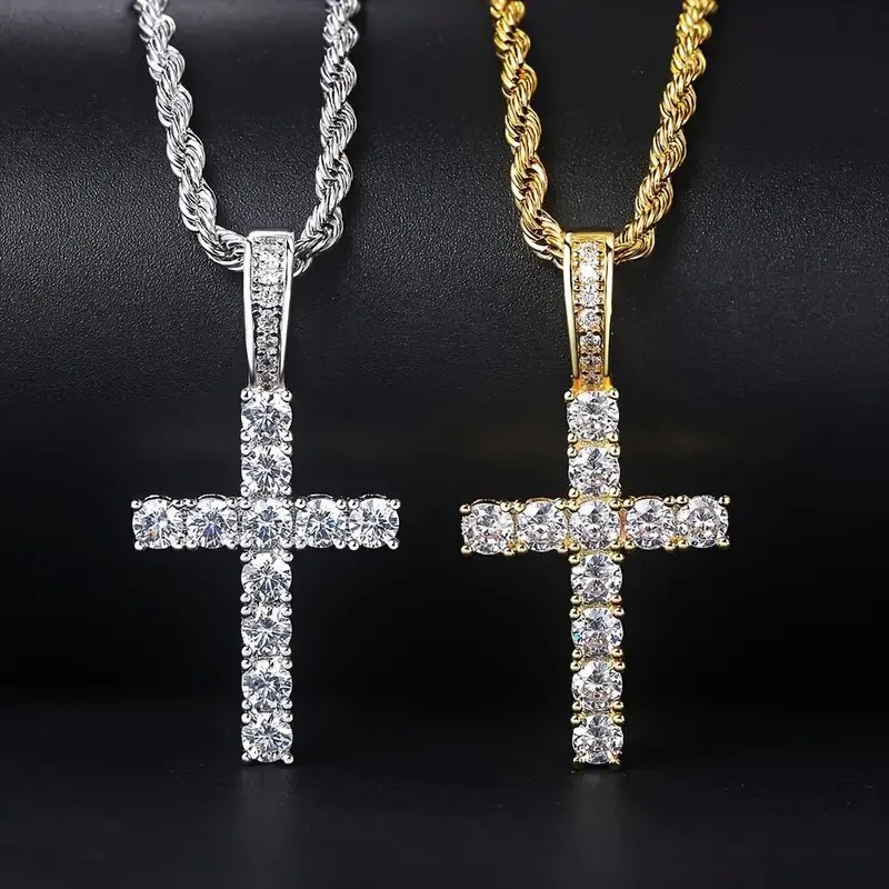 

Moissanite Hip Hop Jewelry Iced Out VVS Moissanite Cross Pendant Tennis Chain Necklace Set