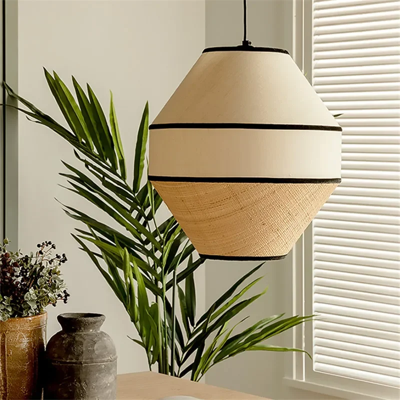 Bohemia Fabric Pendant Light Wabi Sabi Handmade Rattan Chandelier Lamp Kitchen Island Hotel Shop Office Dining Table Hang Lights