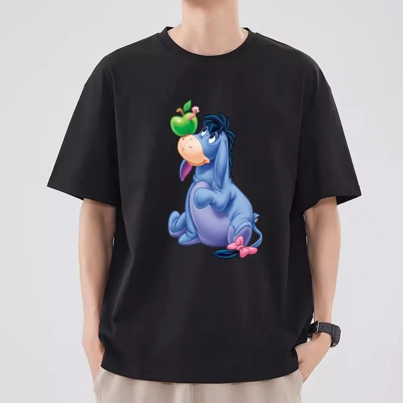 MINISO Pooh Bear Eeyore T Shirt Men Couple Combination Clothes Short Sleeve Collar Fashion T-shirt Women Cotton