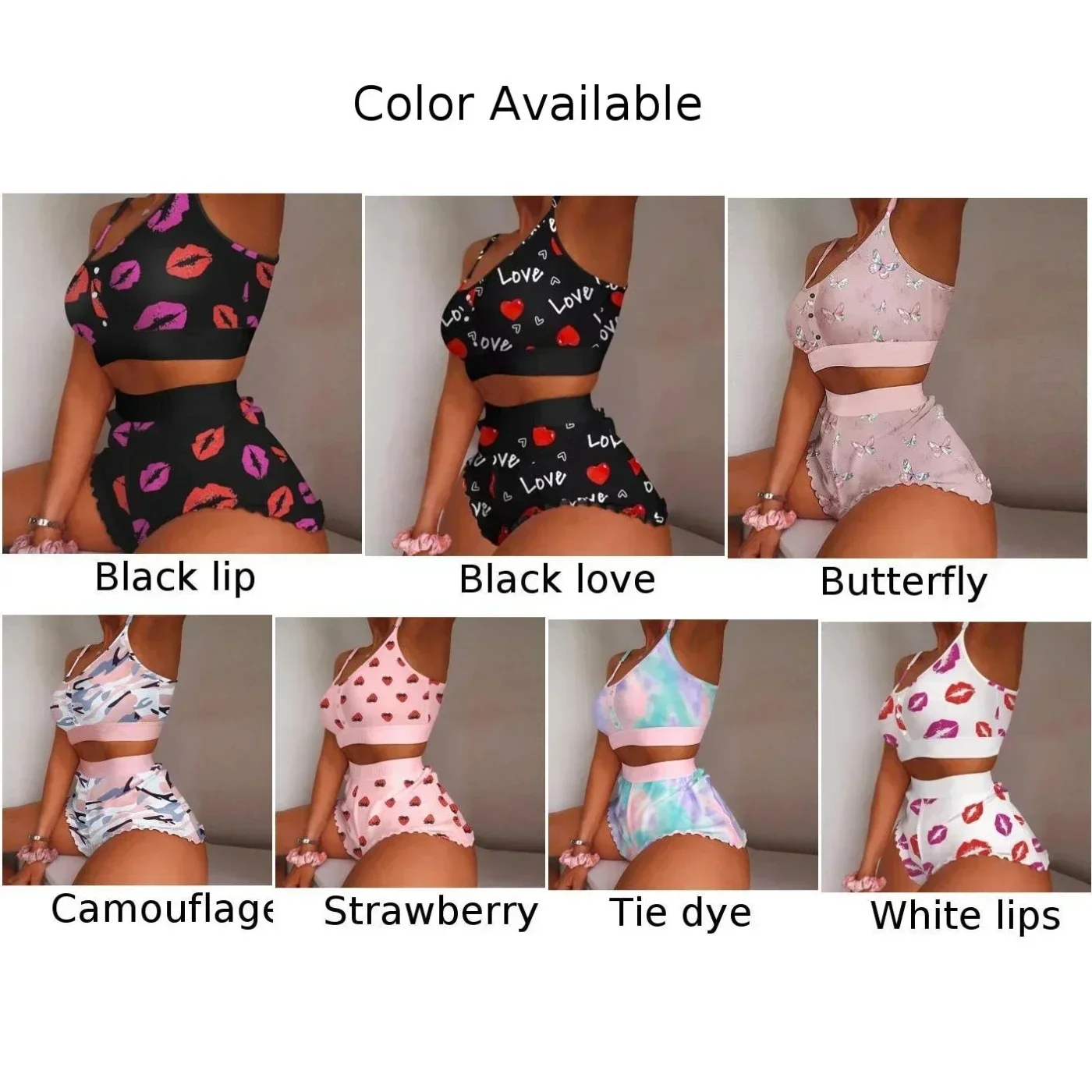 Women\'s Butterfly Floral Strawberry Print Summer Pajamas Set Fashion Crop Tops Vest Bra +Shorts Lingerie Sleepwear Nightwear