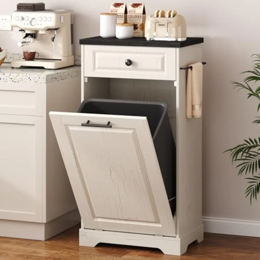 

Trash Can Cabinet, 13 Gallon Tilt Out Trash Cabinet, Wooden Kitchen Garbage Can with Hideaway Drawer, Pet Proof Trash Can Holde