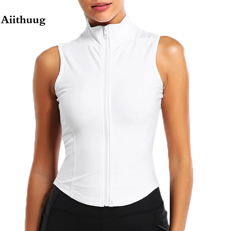 Aiithuug 2-pieces in Bundle High Neck Shirts Sports Top Athletic Zip Up Sweat Vest Jacket Sleeveless Running Yoga Tops Fitness