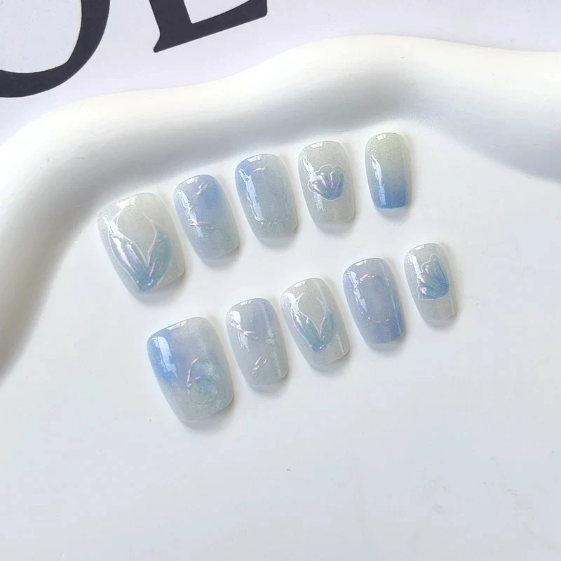10pcs Short T Blue Mermaid Cat\'s Eye Handmade  Press on Nail False Nails Square Head Girl Lady Wearable Detachable Nail Tips