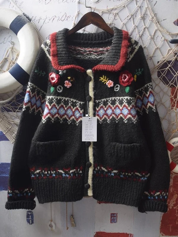 

plus Size Knitted Sweater Cardigan Women's Autumn Winter Faion Floral Collar Jaet Trendy plus Size Clothes for Heavy Girls