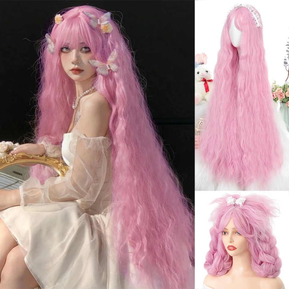 Pink ultra long wavy synthetic wig with bangs Lolita wig suitable for women's holiday parties and role-playing wear