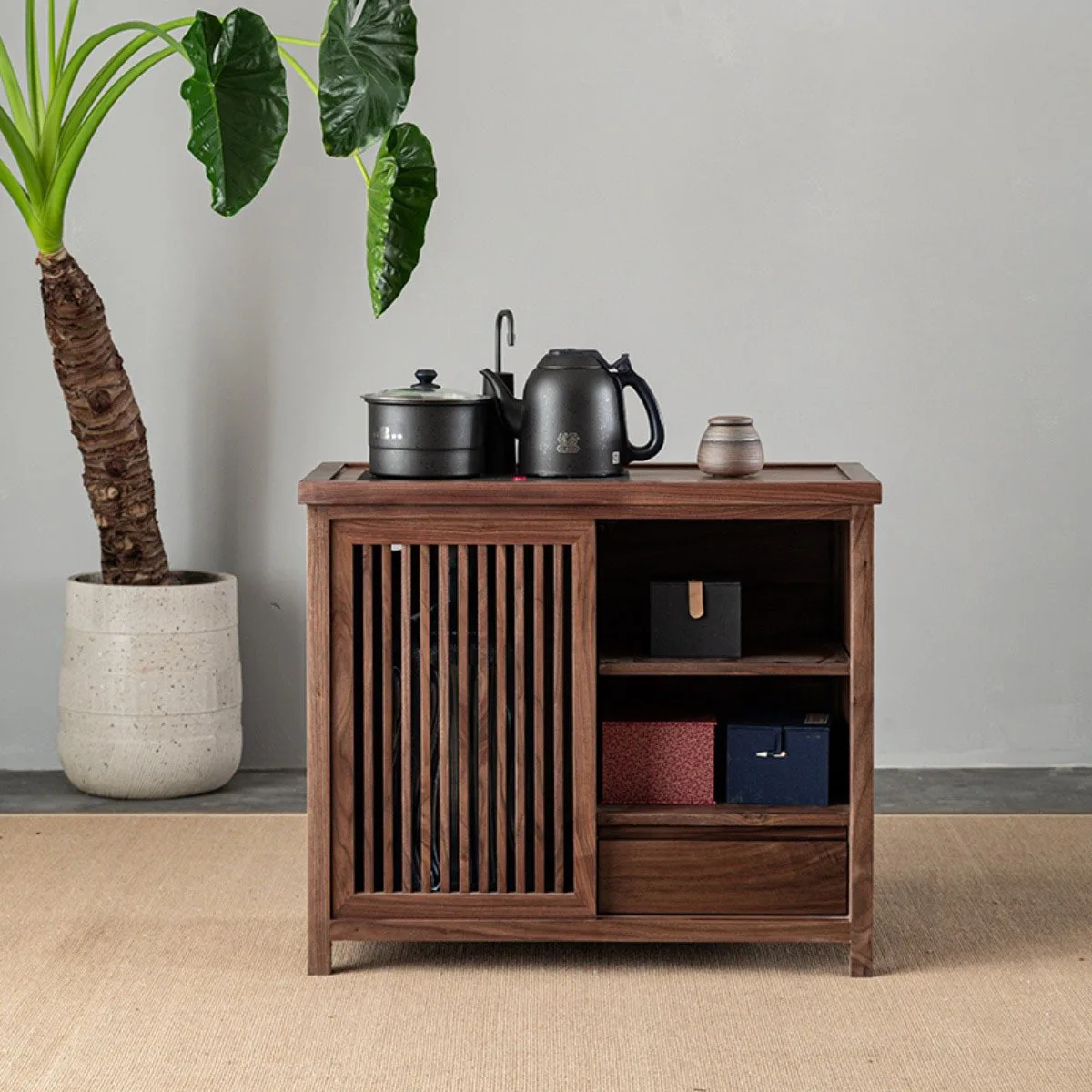 New Chinese black walnut wood mobile tea  boiling water cabinet tea side cabinet under the bucket living room storage integrated