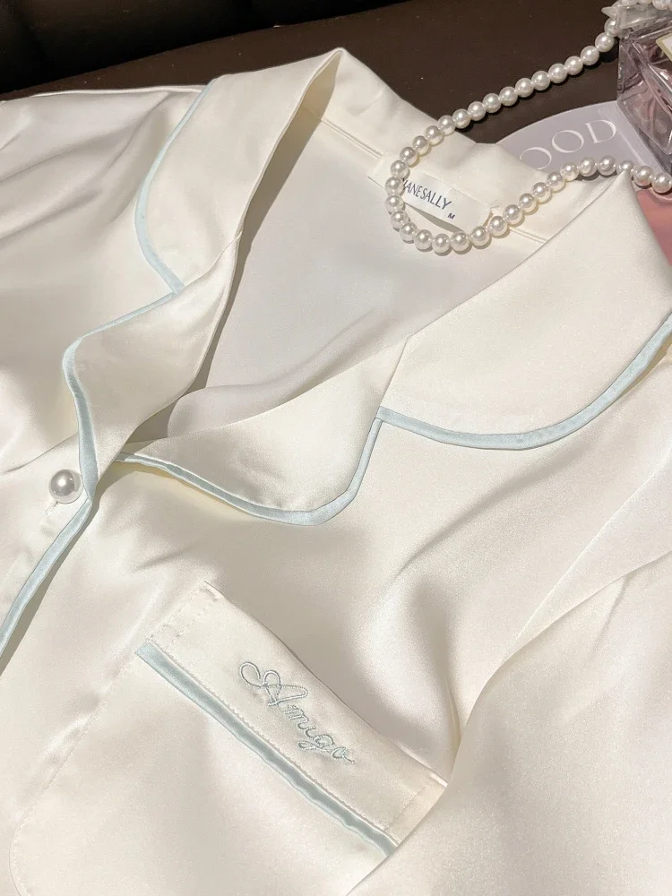 New Solid Color Silk Slippery Sleepwear Set Short Sleeve Shorts Flip Collar Home Clothes Thin