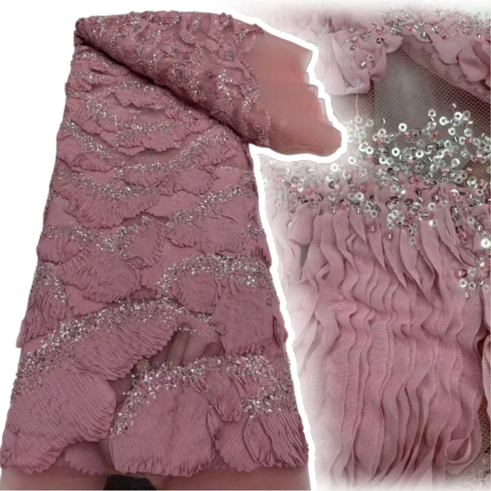 Rosa di Lusso 3D Paillettes Perline Tessuto di Pizzo Moda Ricamo Francese Tulle Maglia Tessuto di Pizzo per Abito Da Sposa 5 Metri AH1456