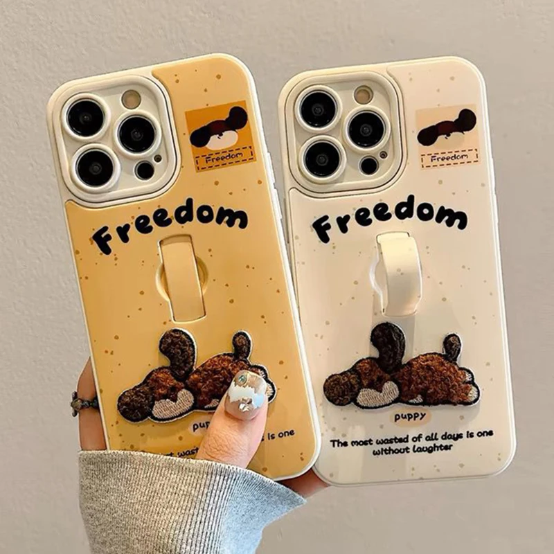 

Cute Embroidered puppy case for iPhone 16 15 14 13 Pro Max Phone Case with Simple invisible Wristband Hard Cover