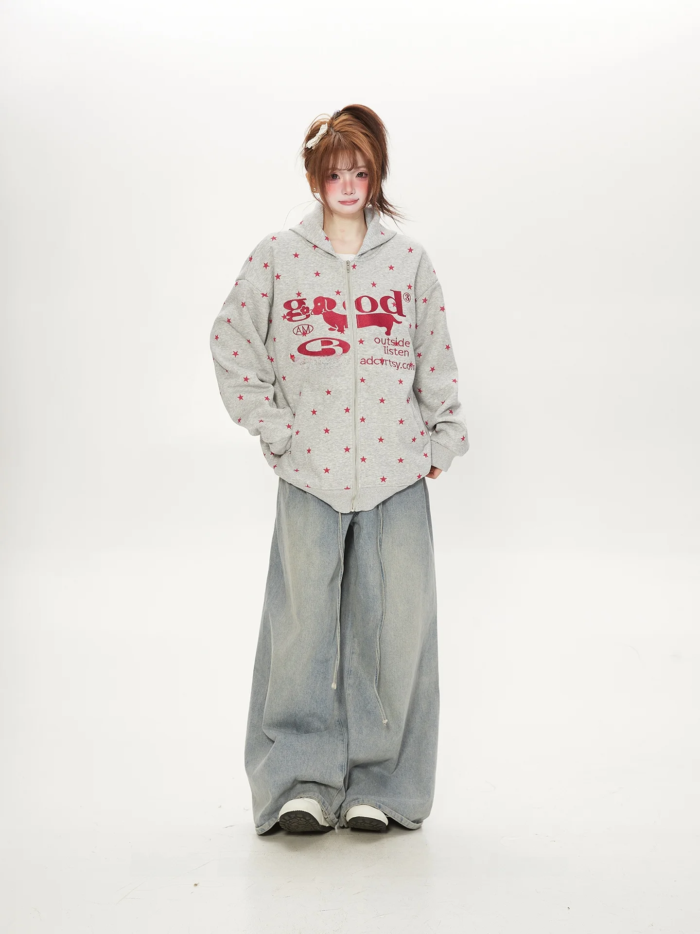 

American Sle Sausage Dog Embroidered Hoodie Cardigan Women Spring Autumn Loose Outerwear Long Sve Zipper Closure Streetwear