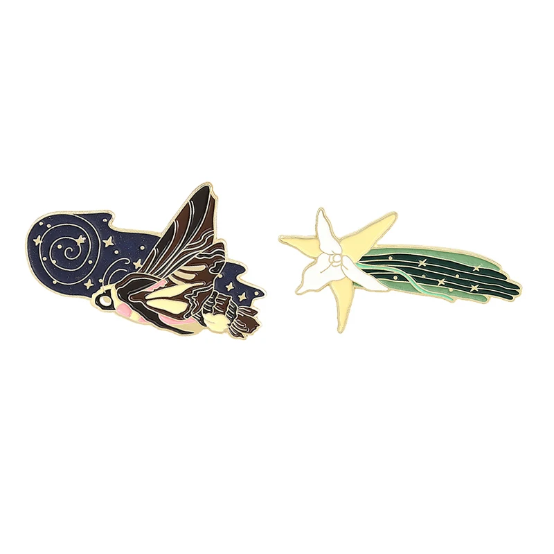 2Styles Luminous Enamel Pin Comet Orchid Long-beaked Hawk Moth Brooches Bag Lapel Pin Badge Jewelry Gift for Kids Friends