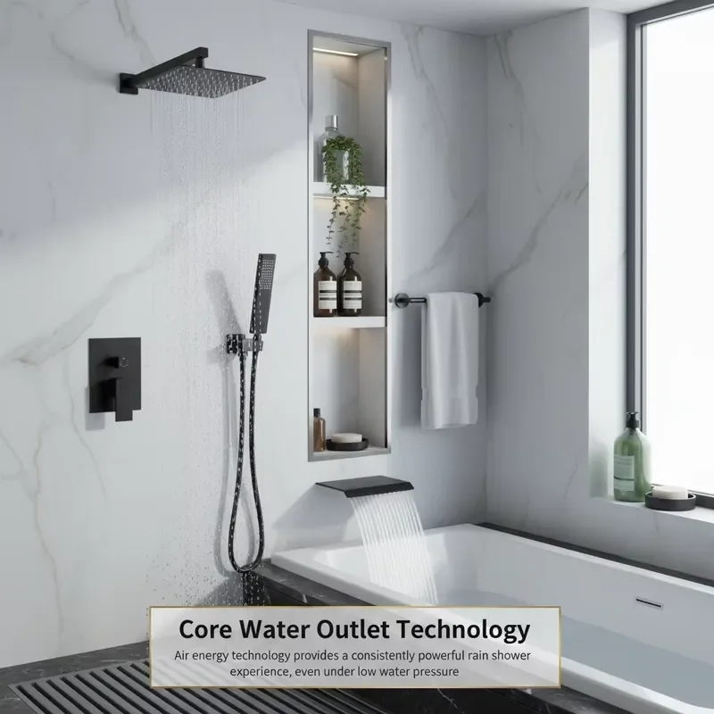 US Local Stock Matte Black 12-Inch Rain Shower Head System Handheld Sprayer Wall-Mounted Thermostatic Faucet Set Waterfall