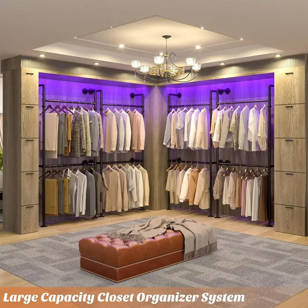 3.5FT Reversible Industrial Style Hanging Clothes Rack, Heavy Duty Wall Mounted Wardrobe, Compact Walk-in Closet System, Black