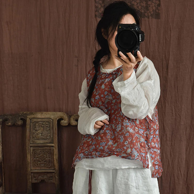 Donne Casual Ramie Canotte Nuovo Arrivo 2025 Estate Stile Cinese Vintage Stampa Floreale Allentato Gilet Femminile T-shirt M786