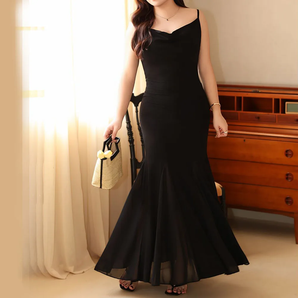 Women's Swing Collar Mesh Splicing Sexy Black Dress, Spaghetti Strap Mermaid Dress, Good Quality, Plus Size, Spring, Summer 2024