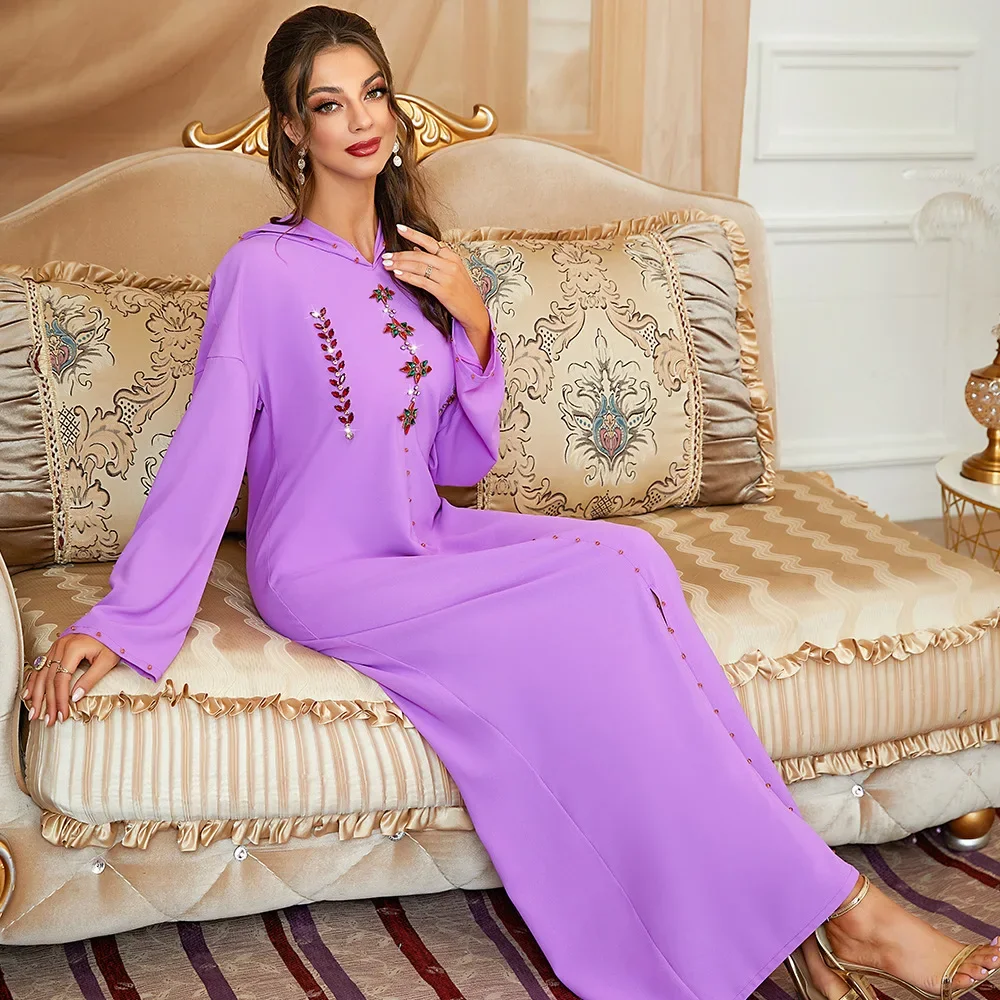 

2025 Dubai Arabic Muslim Abaya Dress for Women Moroccan Diamonds Kaftan Hooded Robe Caftan Islamic Clothing Eid Ramadan Jalabiya
