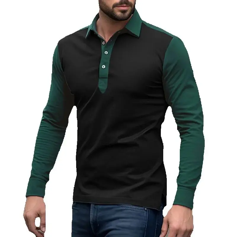 Spring Autumn Fashion Men's Polo Shirt Color Block Long-Sleeve Polo Shirts Casual Hip Hop Patchwork Lapel Top Shirts