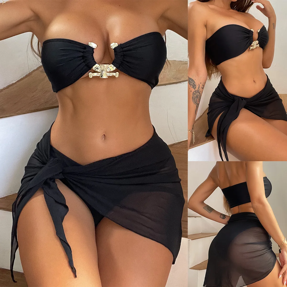 

Women's Swimwear 2024 Women Bikini Black Solid Color Swimwear Backless Sexy Tankini Three-Piece Hot Spring Swimsuit S-L