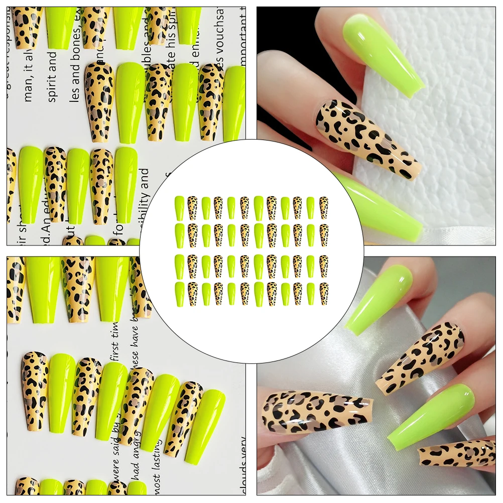 

24pcs Ballerina Nails Full Cover Fake Nail Patch Long Ballet Tips ABS Material Comfortable Durable Leopard Pattern Solid Color