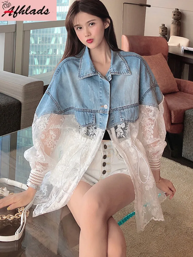 

Spring And Summer Denim Jacket Women's Fake Two-Piece Mesh Perspective Lace Patchwork Loose Single-Breasted Casual Outerwear