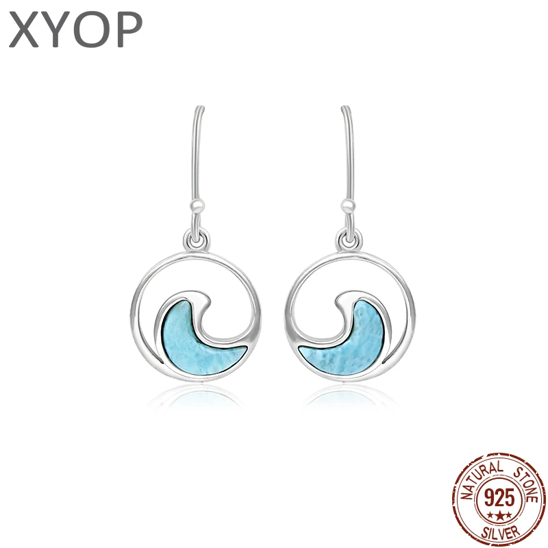 

Sea Wave New Fashion Retro Geometry Streamlined Long 925 Sterling Silver Jewelry Girl Natural Precious Larimar Earrings Women