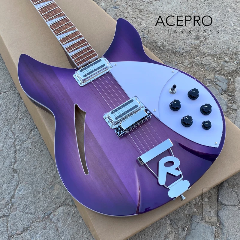 Purple Color 360 Electric Guitar Semi Hollow Body, R Shaped Tailpiece, 6 String Guitarra, Rosewood Fingerboard, Free Shipping