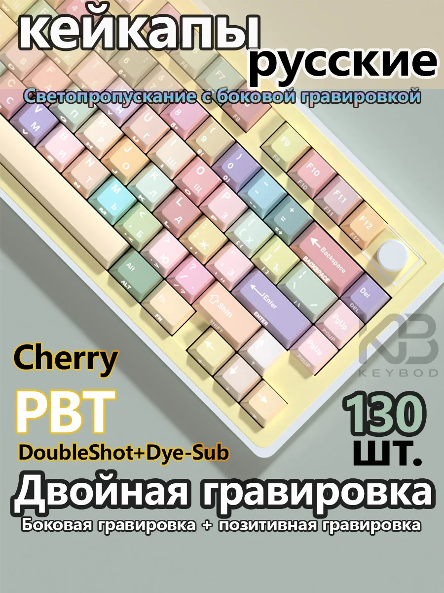 Russian Layout Candy Style Cherry Profile Keycaps, PBT Side Printed Backlit Key Cap ru Dye-sub 130 Keys