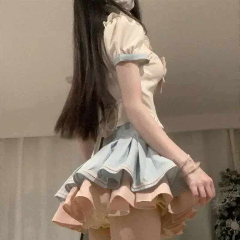 

Japan Korean Fashion Sweet Bow Navy Collar Tops And Fluffy Pleated Skirt Two-piece Set Summer Girl Style Kawaii Mini Skirt Y2k
